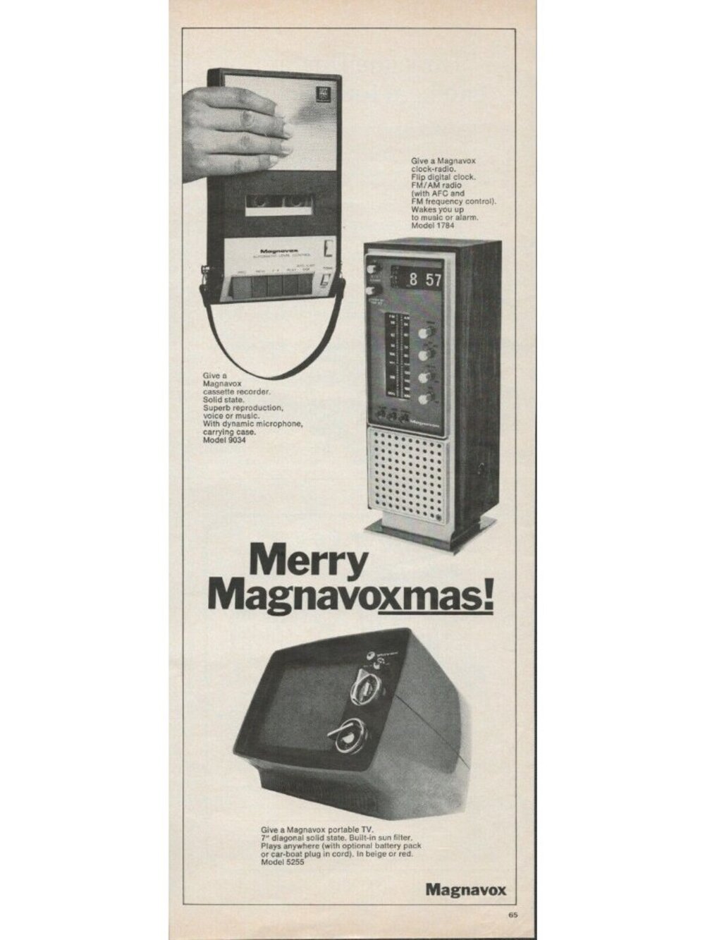 1972 Magnavox Cassette Recorder Clock Radio Portable TV Vintage Print Ad (L1)
